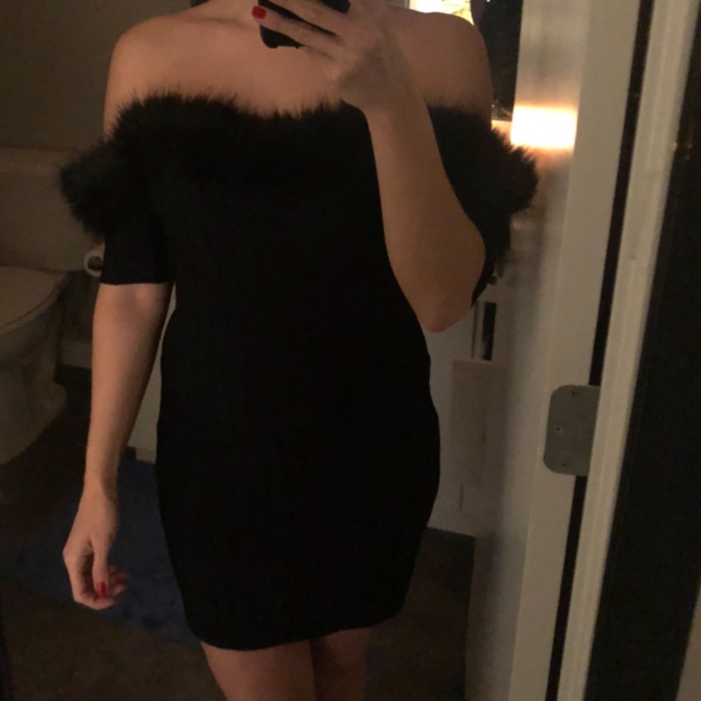 For love & lemons off the shoulder fur trim mini